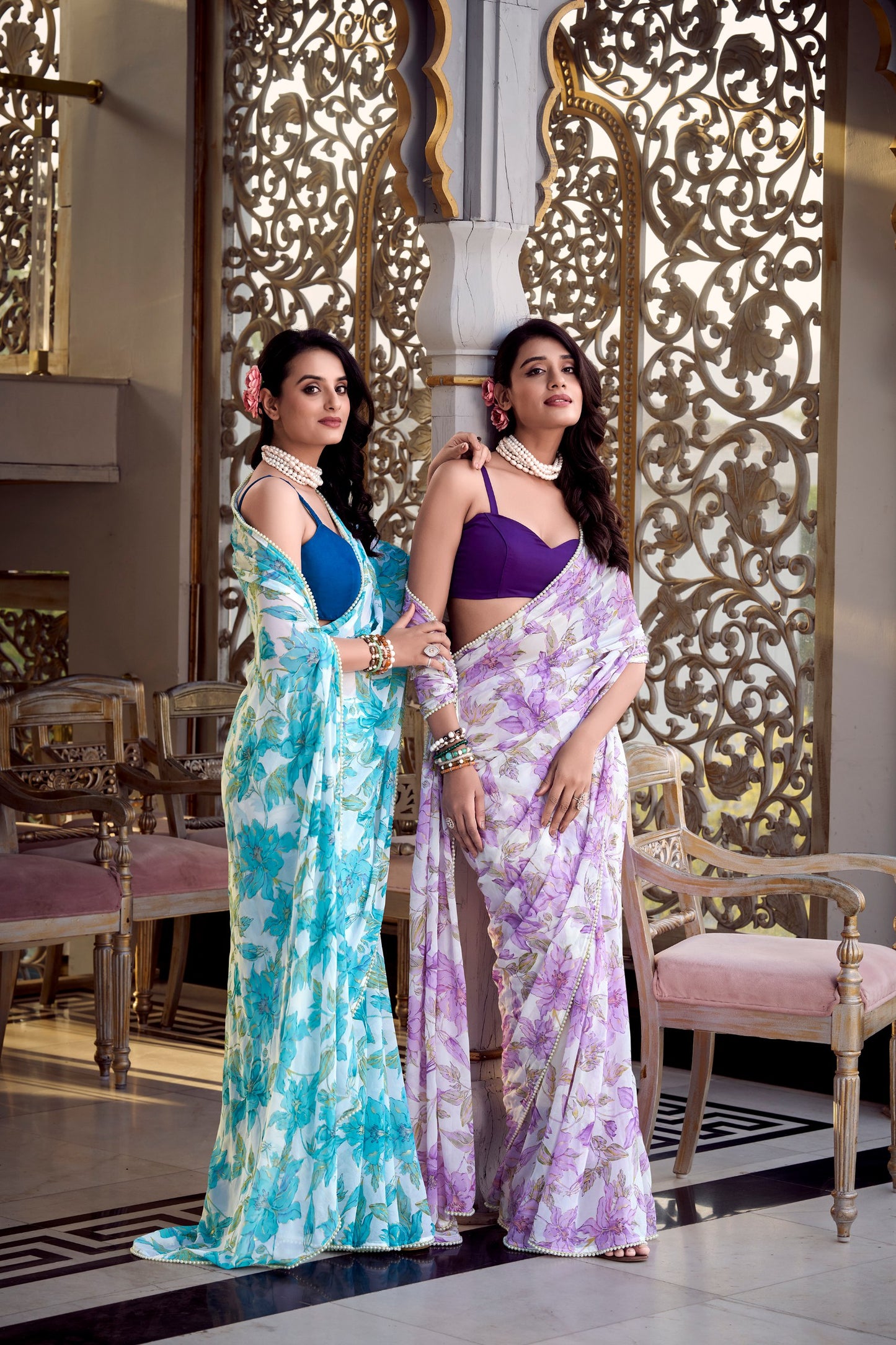 Women’s Floral Printed Saree with Sleeveless Blouse – Elegant Party & Festive Wear