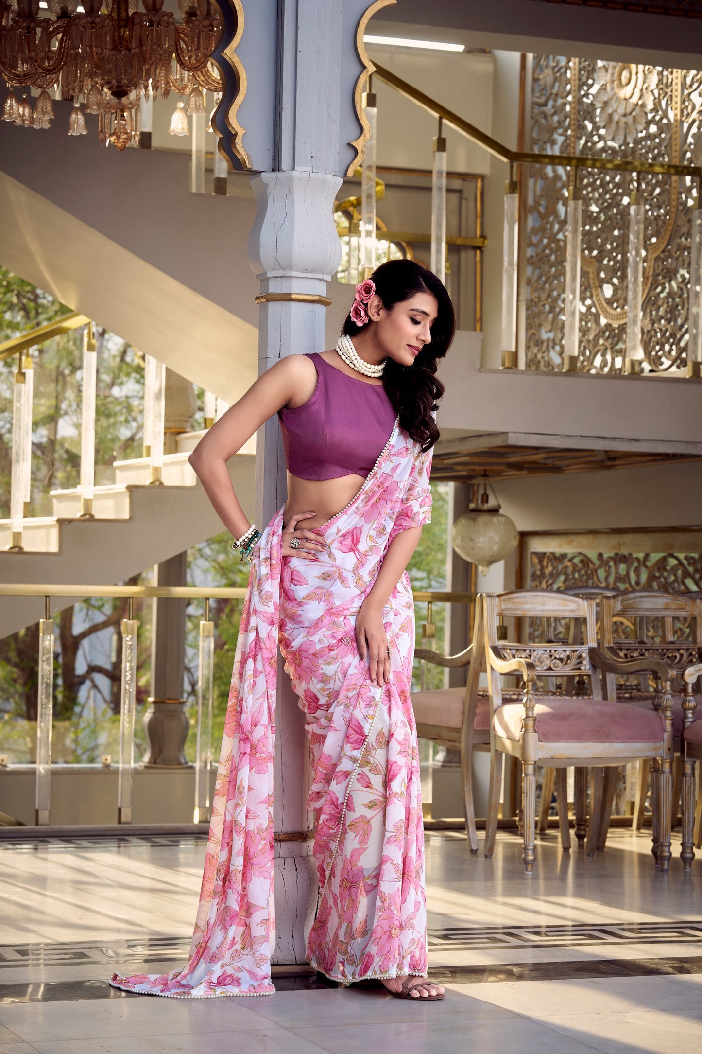 Women’s Floral Printed Saree with Sleeveless Blouse – Elegant Party & Festive Wear