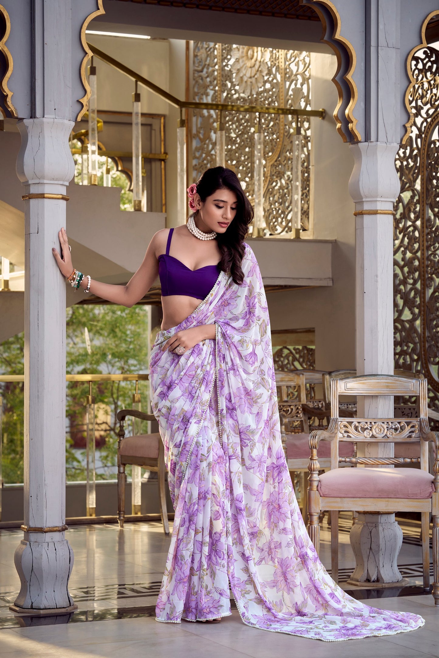 Women’s Floral Printed Saree with Sleeveless Blouse – Elegant Party & Festive Wear