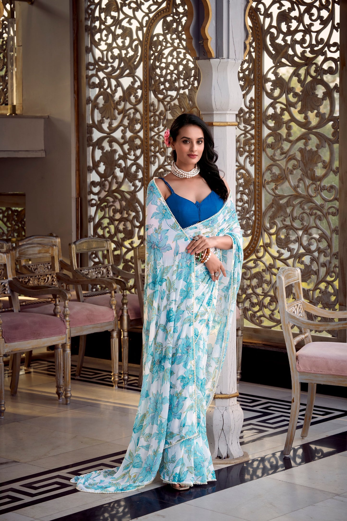 Women’s Floral Printed Saree with Sleeveless Blouse – Elegant Party & Festive Wear