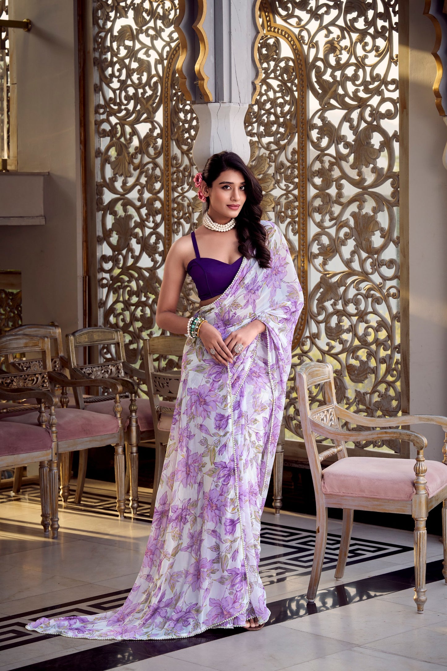 Women’s Floral Printed Saree with Sleeveless Blouse – Elegant Party & Festive Wear