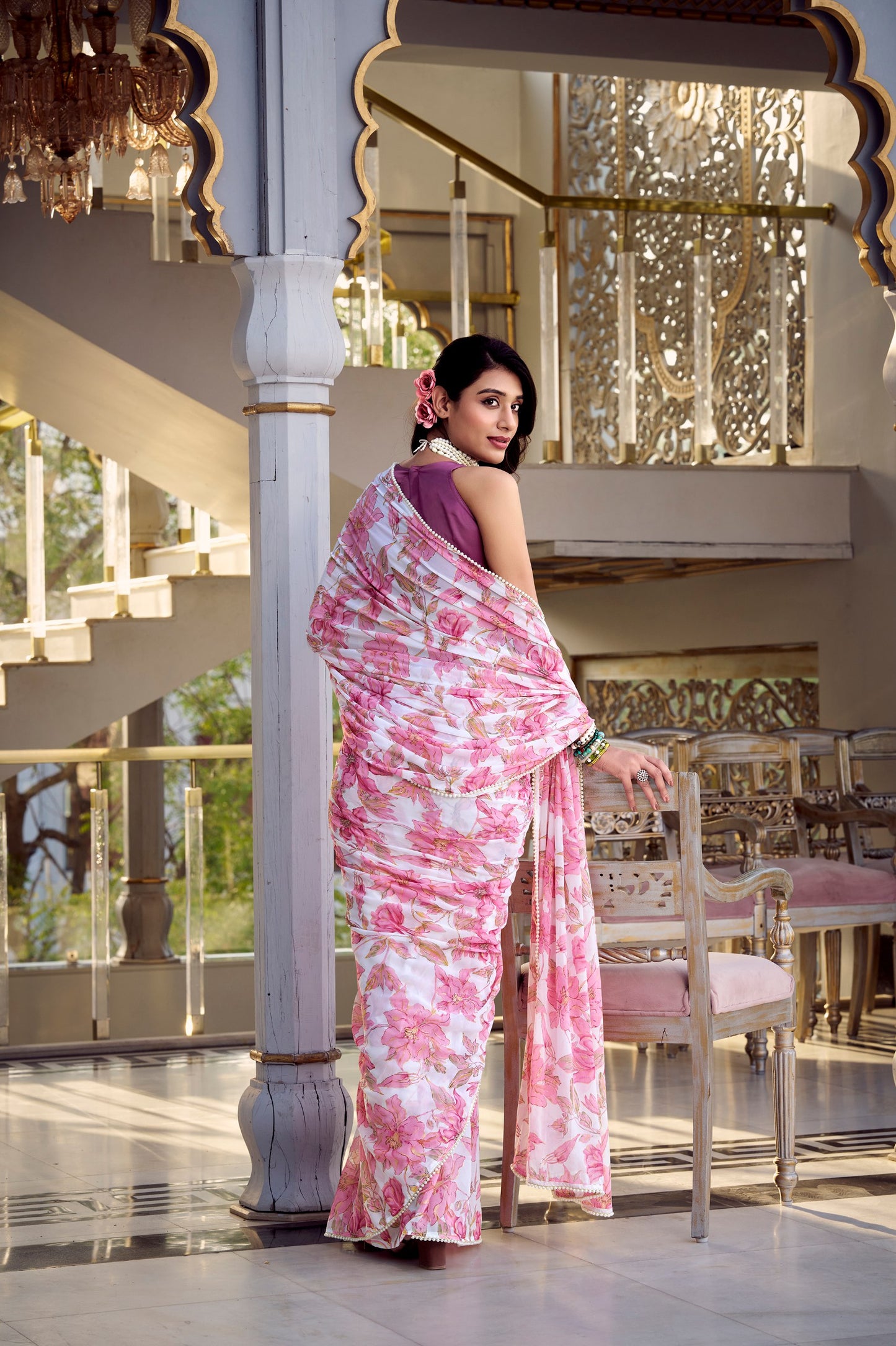 Women’s Floral Printed Saree with Sleeveless Blouse – Elegant Party & Festive Wear