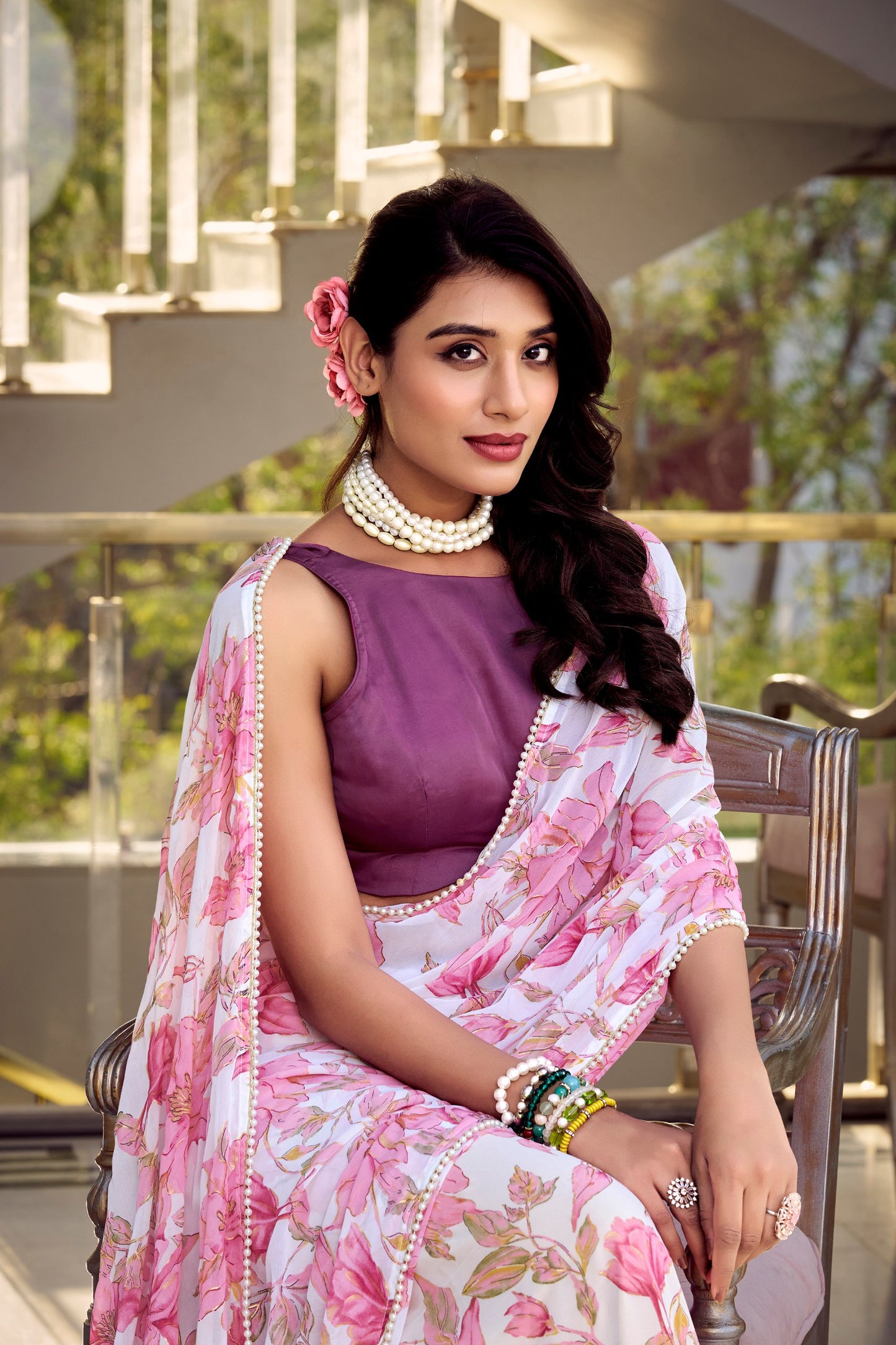 Women’s Floral Printed Saree with Sleeveless Blouse – Elegant Party & Festive Wear