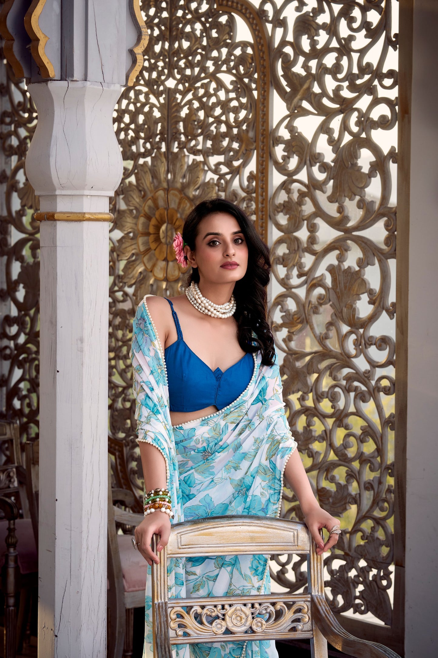 Women’s Floral Printed Saree with Sleeveless Blouse – Elegant Party & Festive Wear