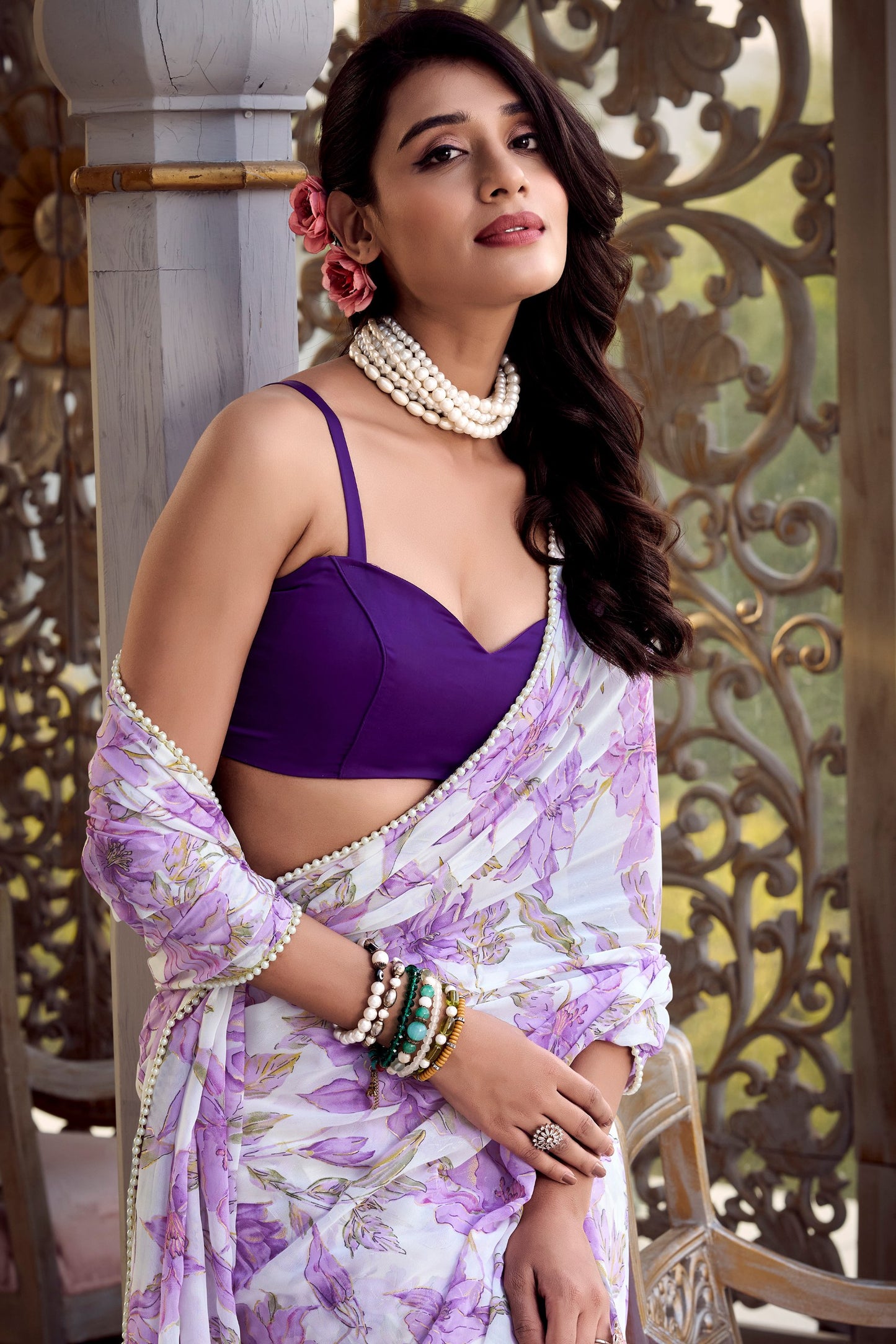Women’s Floral Printed Saree with Sleeveless Blouse – Elegant Party & Festive Wear
