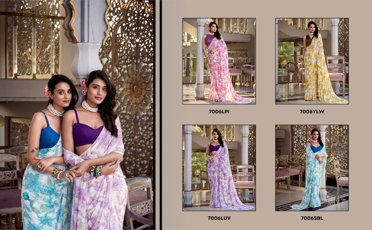 Women’s Floral Printed Saree with Sleeveless Blouse – Elegant Party & Festive Wear