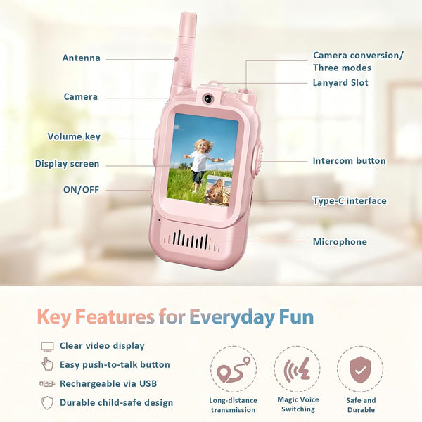 Walkie Talkies for Kids, Video Walkie Talkie for Camping 2 Packs Rechargeable Long Range Toys Gifts for Boys and Girls Ages 3-12, Kids Video Walkie Talkies with Camera & Voice Changer