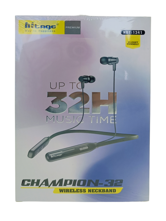 Hitage Champion-32 Wireless Neckband with 32H Playtime, Boosted Bass & Mic | Gameing Mode (NBT-1341, Black)