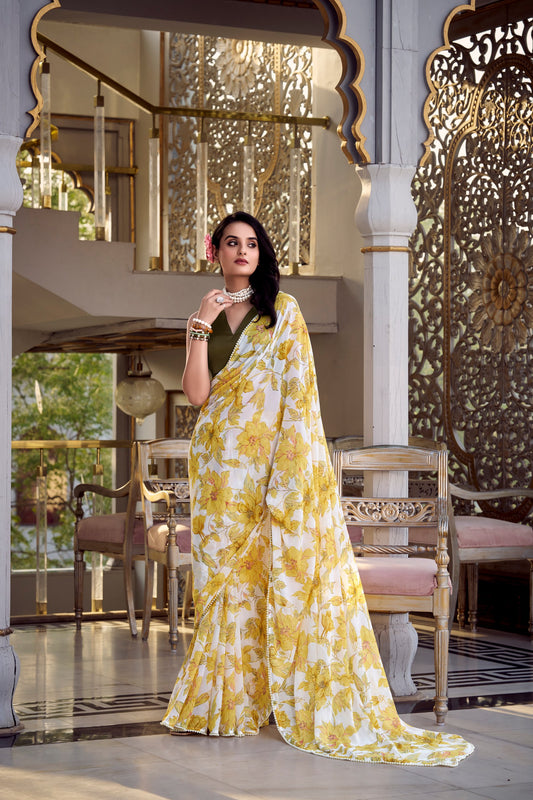 Women’s Floral Printed Saree with Sleeveless Blouse – Elegant Party & Festive Wear
