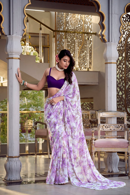 Women’s Floral Printed Saree with Sleeveless Blouse – Elegant Party & Festive Wear