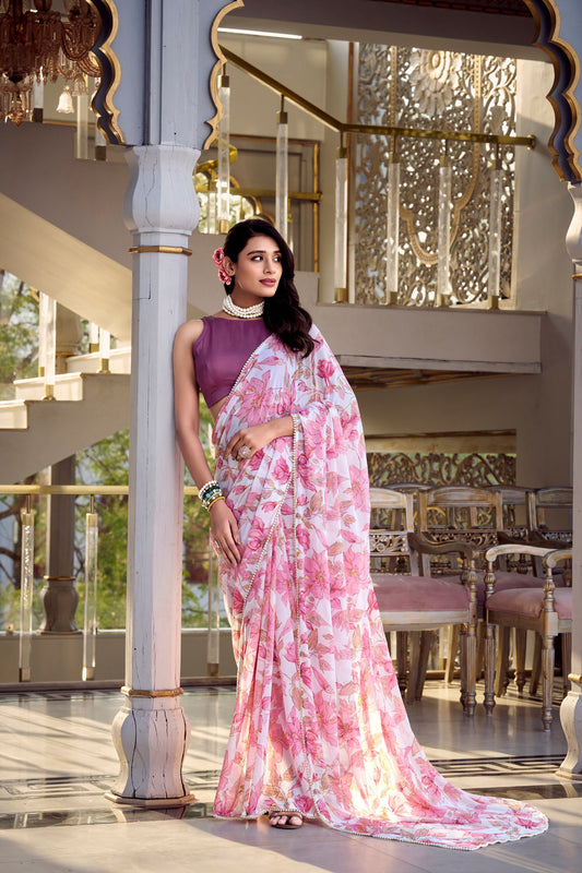 Women’s Floral Printed Saree with Sleeveless Blouse – Elegant Party & Festive Wear