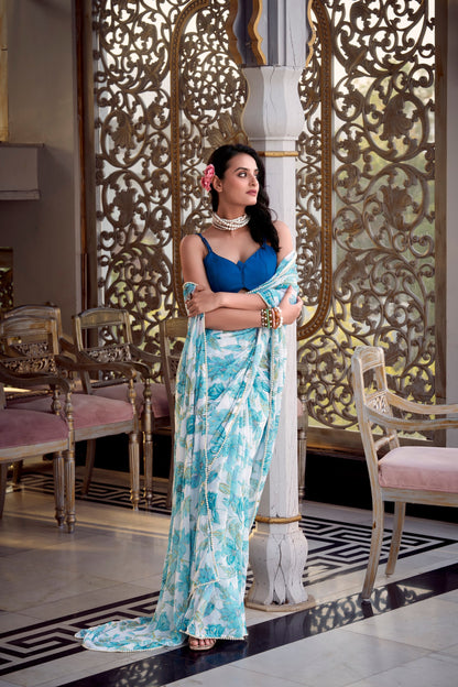 Women’s Floral Printed Saree with Sleeveless Blouse – Elegant Party & Festive Wear