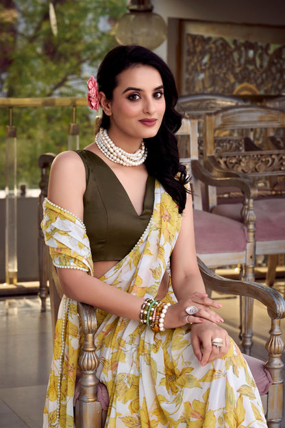 Women’s Floral Printed Saree with Sleeveless Blouse – Elegant Party & Festive Wear