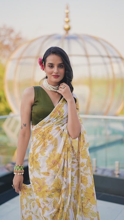 Women’s Floral Printed Saree with Sleeveless Blouse – Elegant Party & Festive Wear