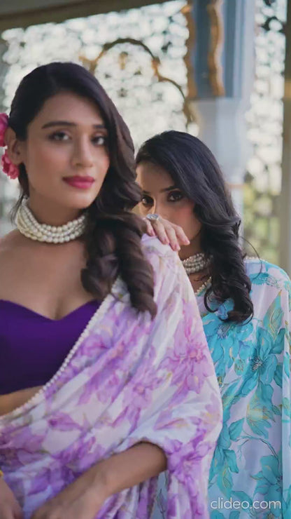 Women’s Floral Printed Saree with Sleeveless Blouse – Elegant Party & Festive Wear
