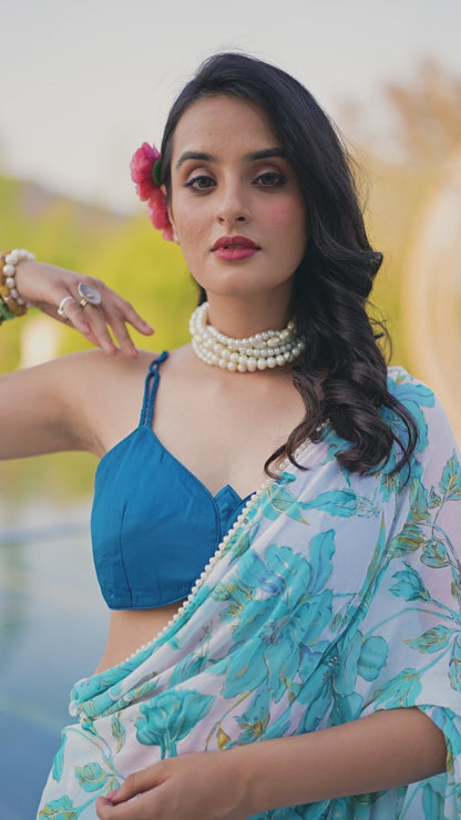 Women’s Floral Printed Saree with Sleeveless Blouse – Elegant Party & Festive Wear